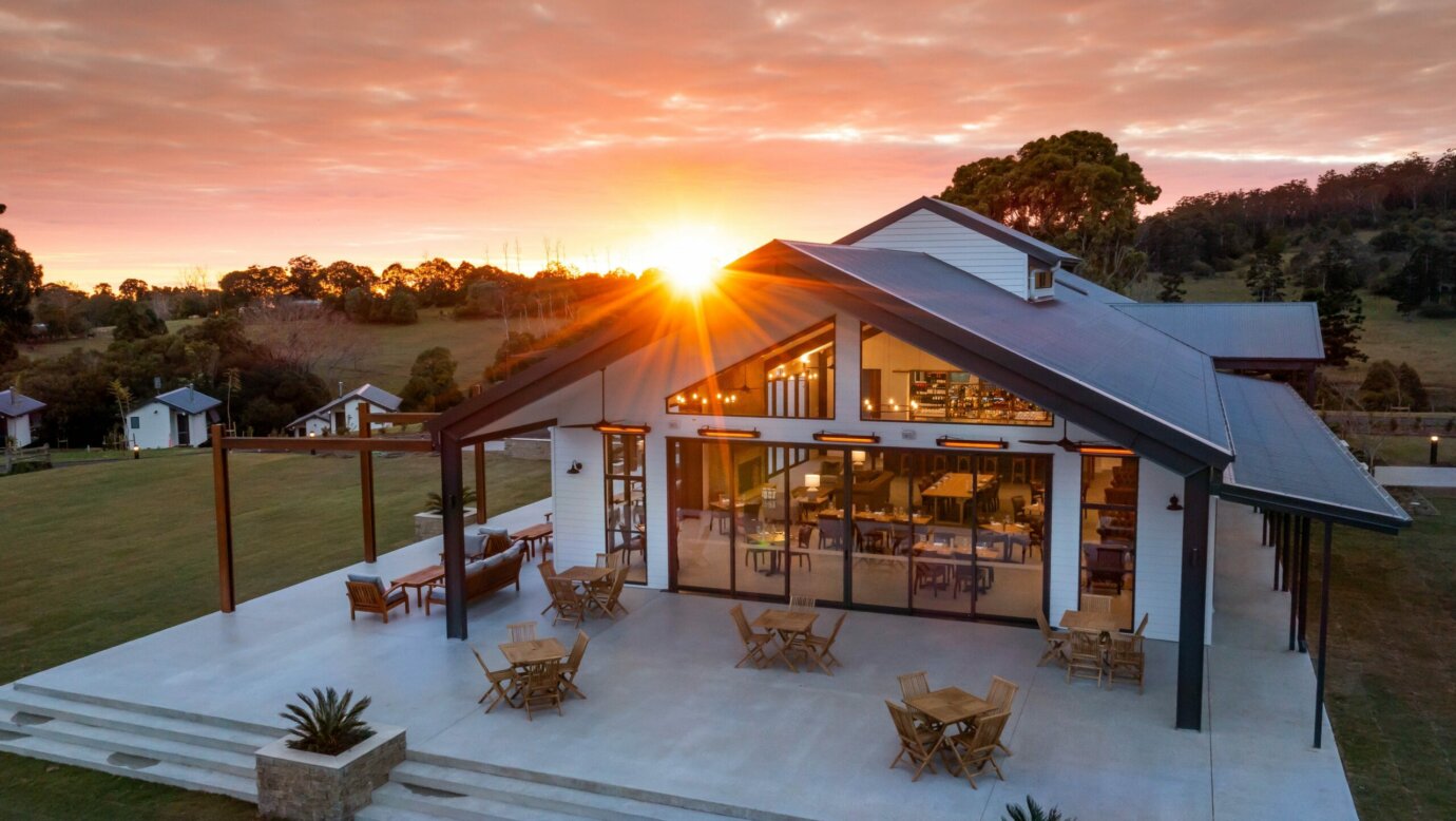 Exterior photo of The Paddock restaurant, Hazelwood Estate at sunset