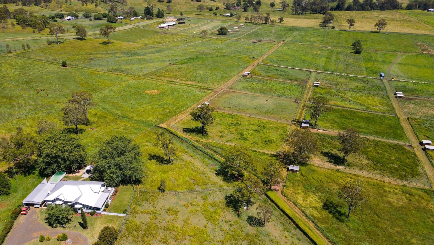 Aerial view of the farm and the house