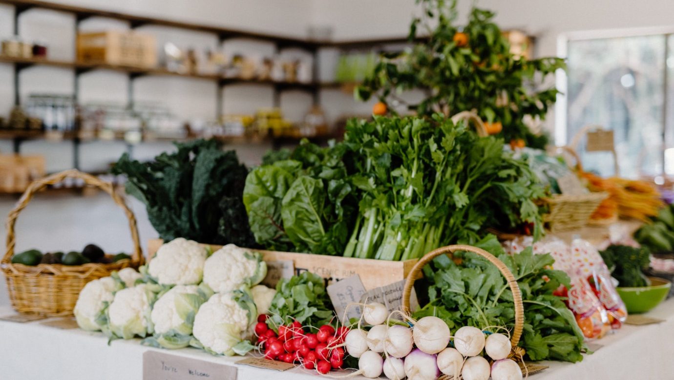 A display of fresh local produce inside the Scenic Rim Farm Shop