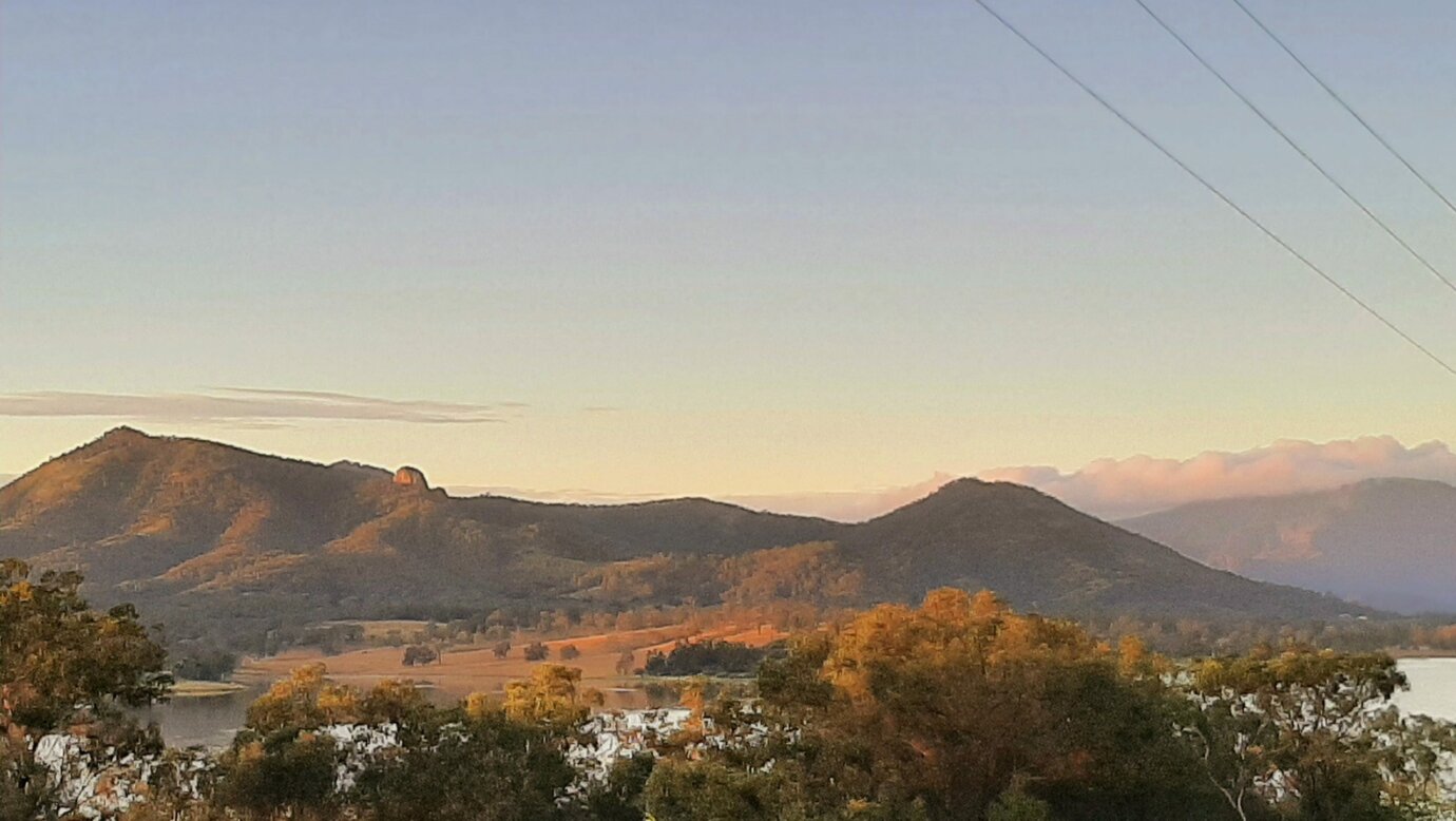 Sunrise over Lake Moogerah looking out to the Moogerah Peaks