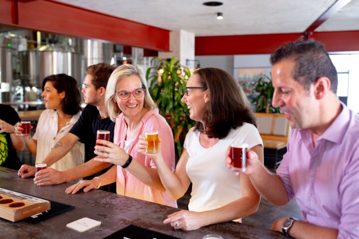 Enjoying beers at the bar at Burleigh Brewing