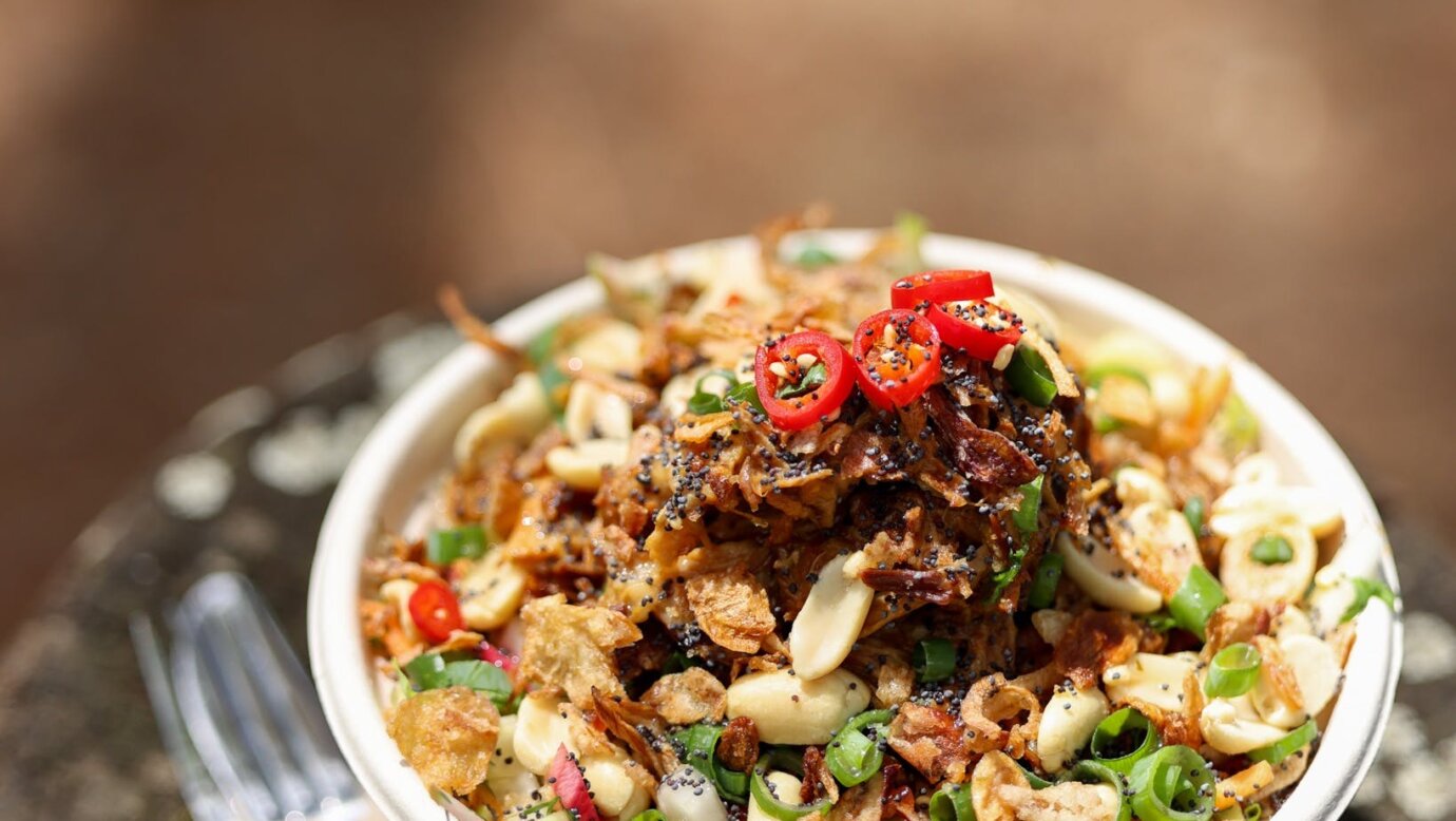 a bowl of pork salad from the cafe