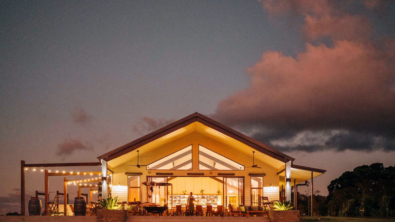 The Paddock restaurant exterior at sunset, Hazelwood Estate