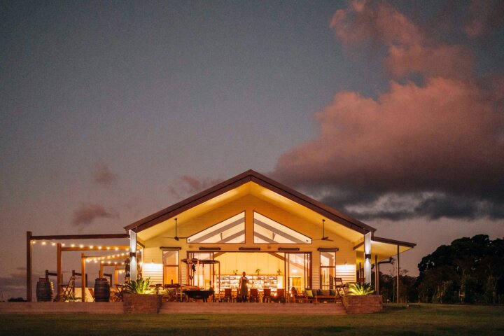 The Paddock restaurant exterior at sunset, Hazelwood Estate