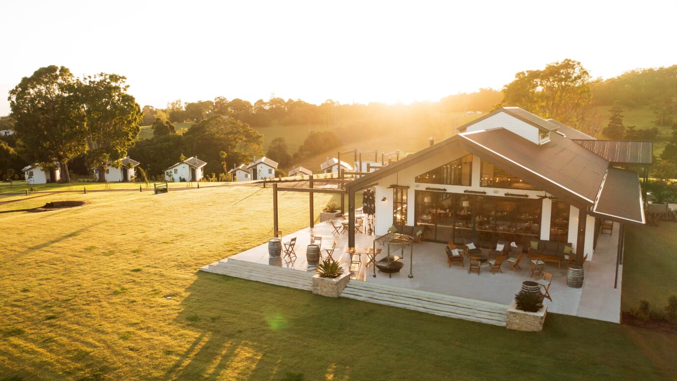 Exterior of luxe farm house style The Paddock restaurant  set in the pristine Gold Coast hinterland