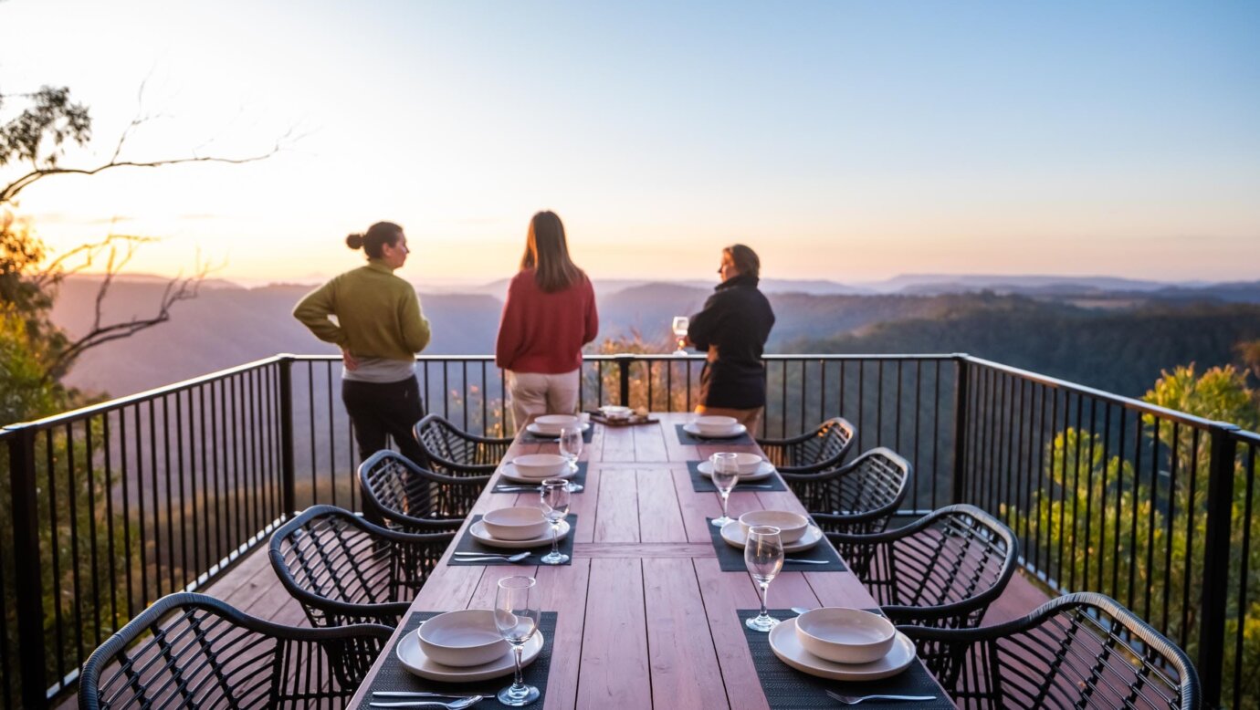 West House outdoor diningm, overlooking Coomera Valley