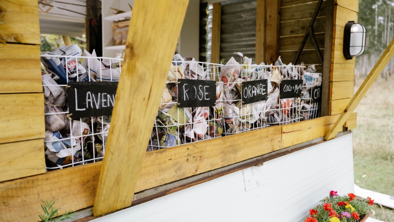 Baskets of bath fizzers on display in the farm gate shop