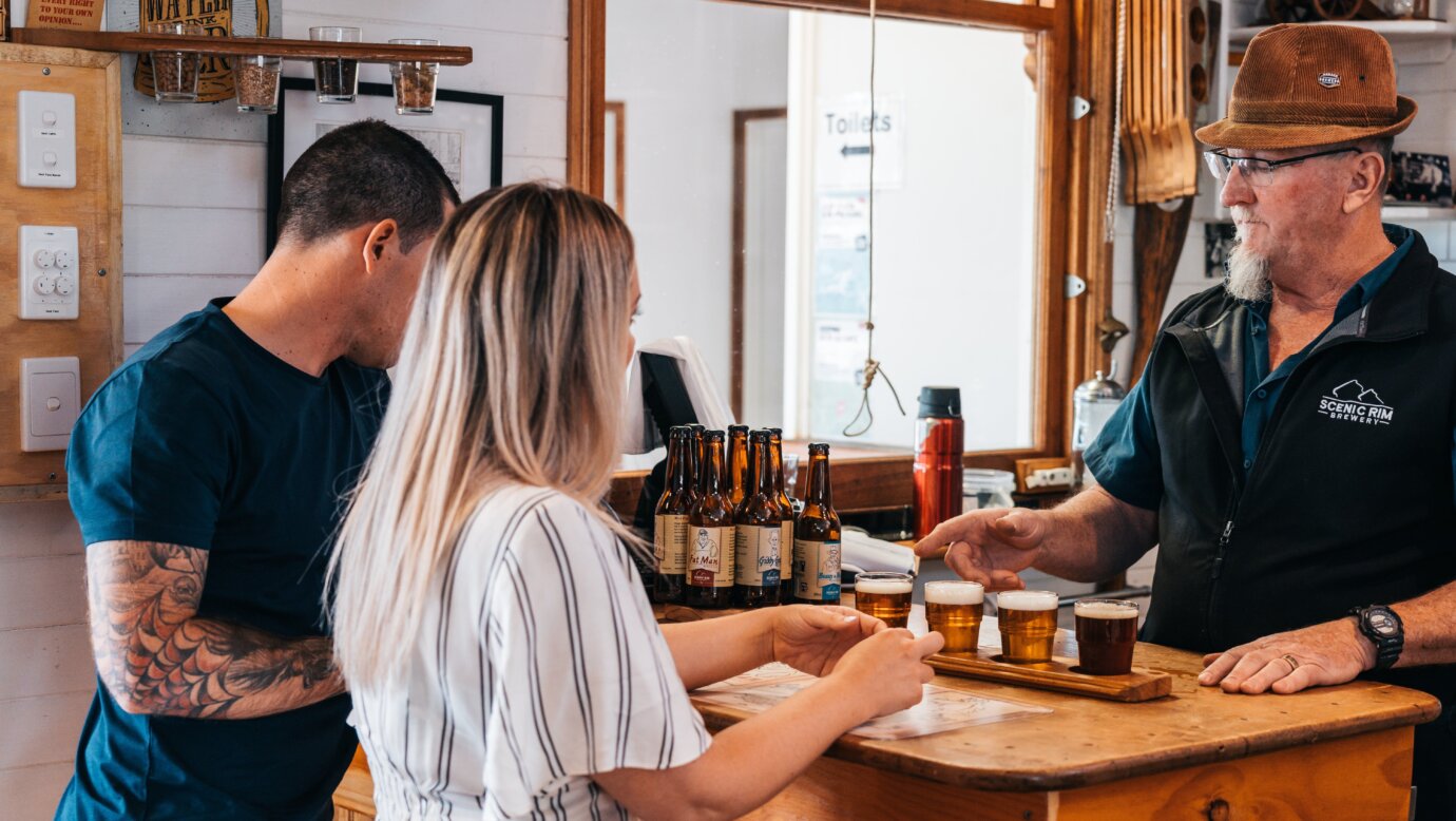 Young couple beer tasting at Scenic Rim Brewery