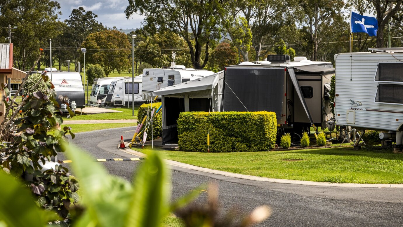 A view of some of our caravan sites and well-maintained greenery.