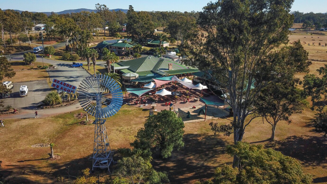 A bird's eye view of Bearded Dragon Tamborine Aussie country hotel. Windmill charm in the Scenic Rim