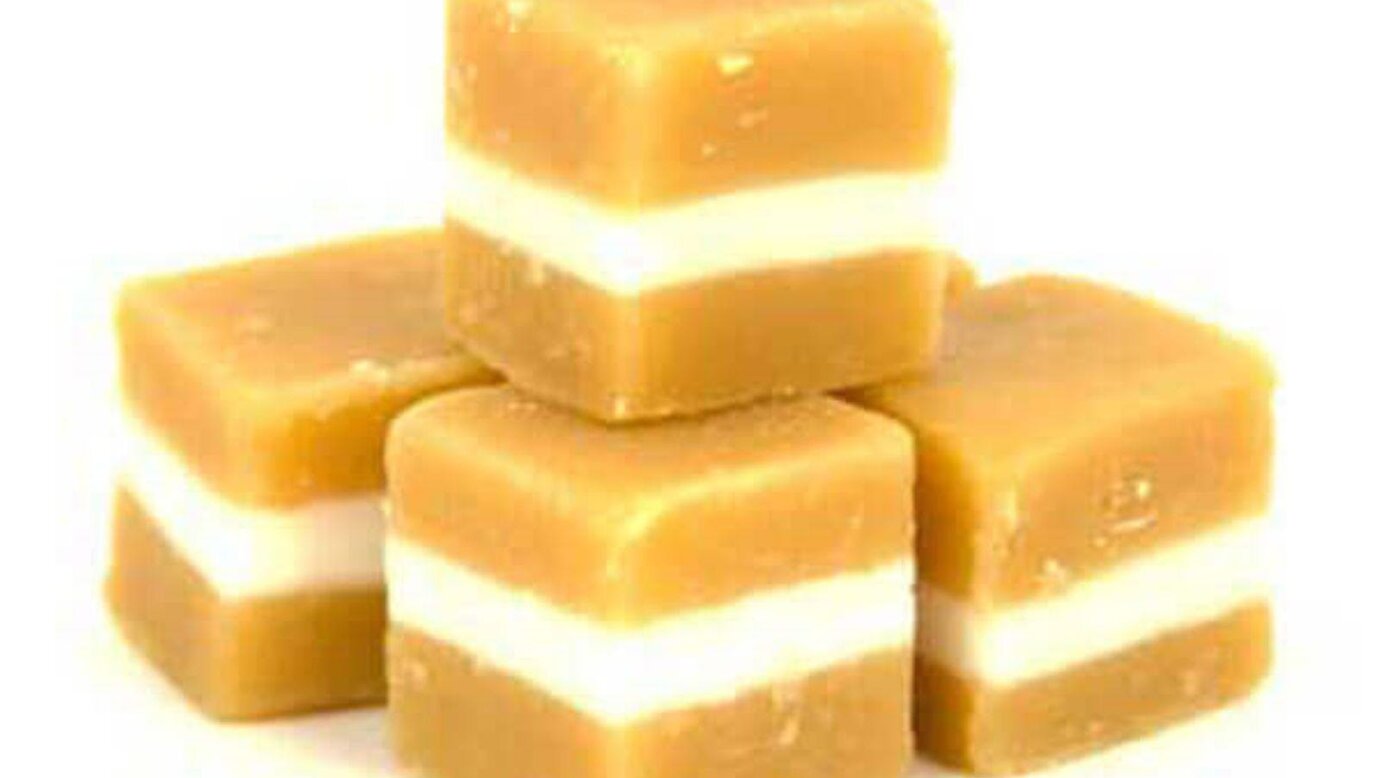 These cubes of creamy, caramel goodness have a smooth vanilla strip in the centre