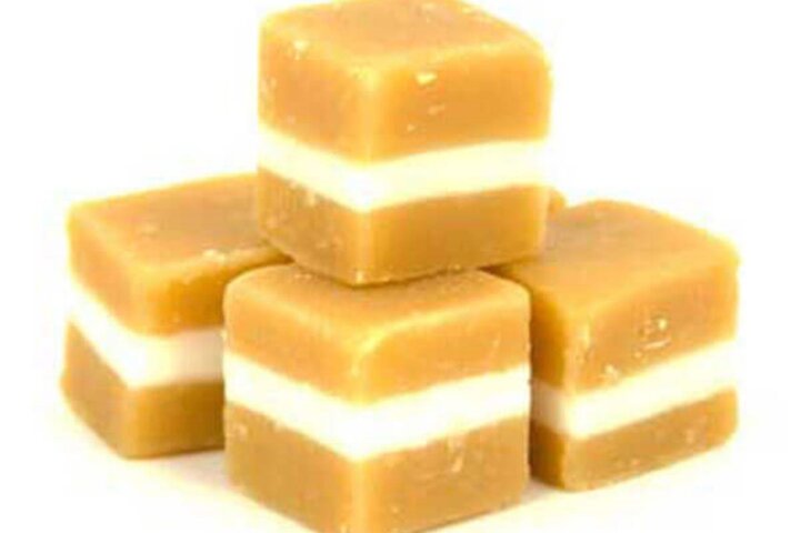 These cubes of creamy, caramel goodness have a smooth vanilla strip in the centre