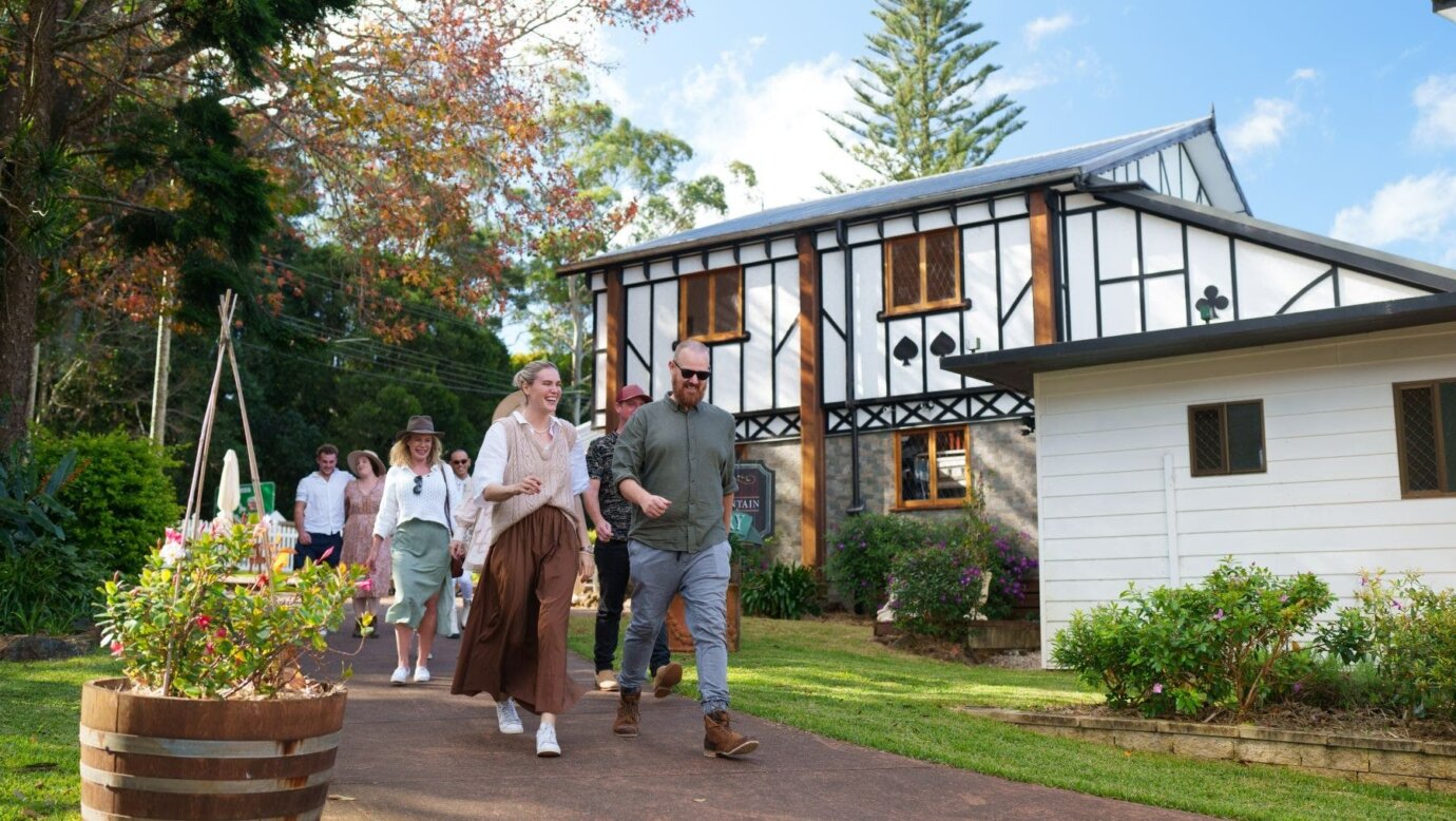 guests walking in front of winery