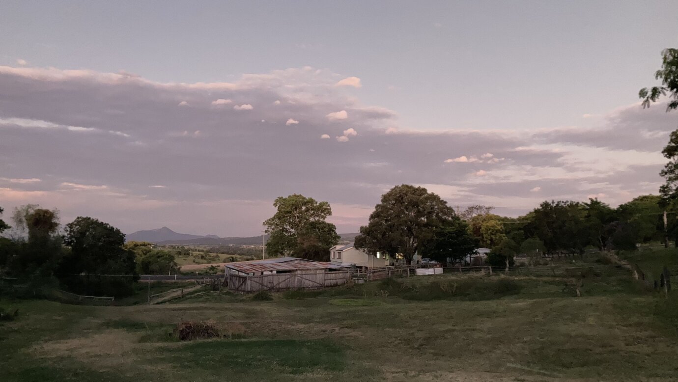 View from top of property overlooking house, stables, shed and main campsite on left of photo.