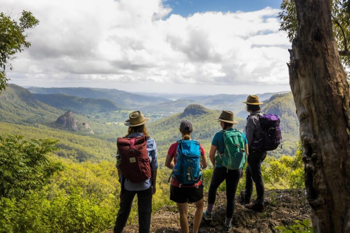 Four hikers with backpacks admire the view to the mountains and valley below