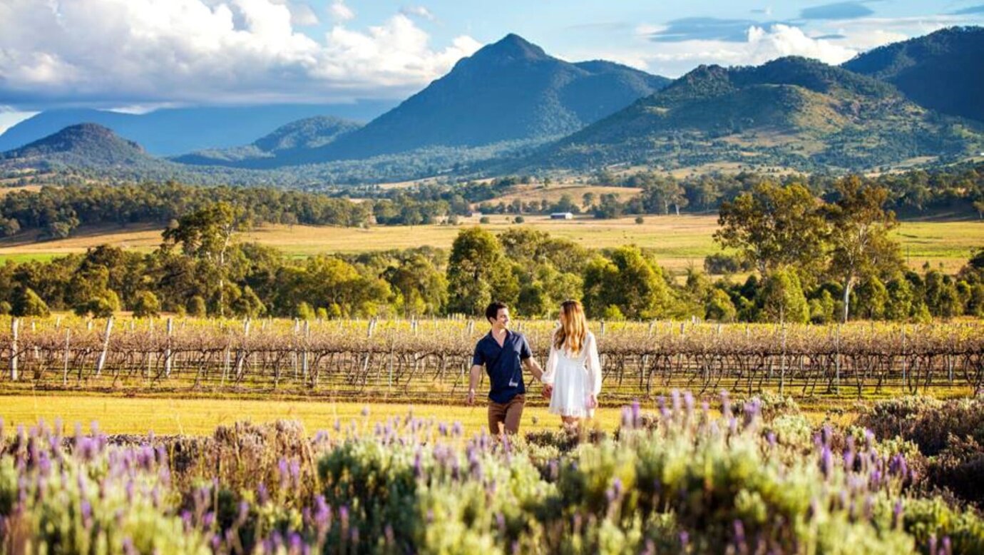 A couple walk through a lavender field with mountains behind