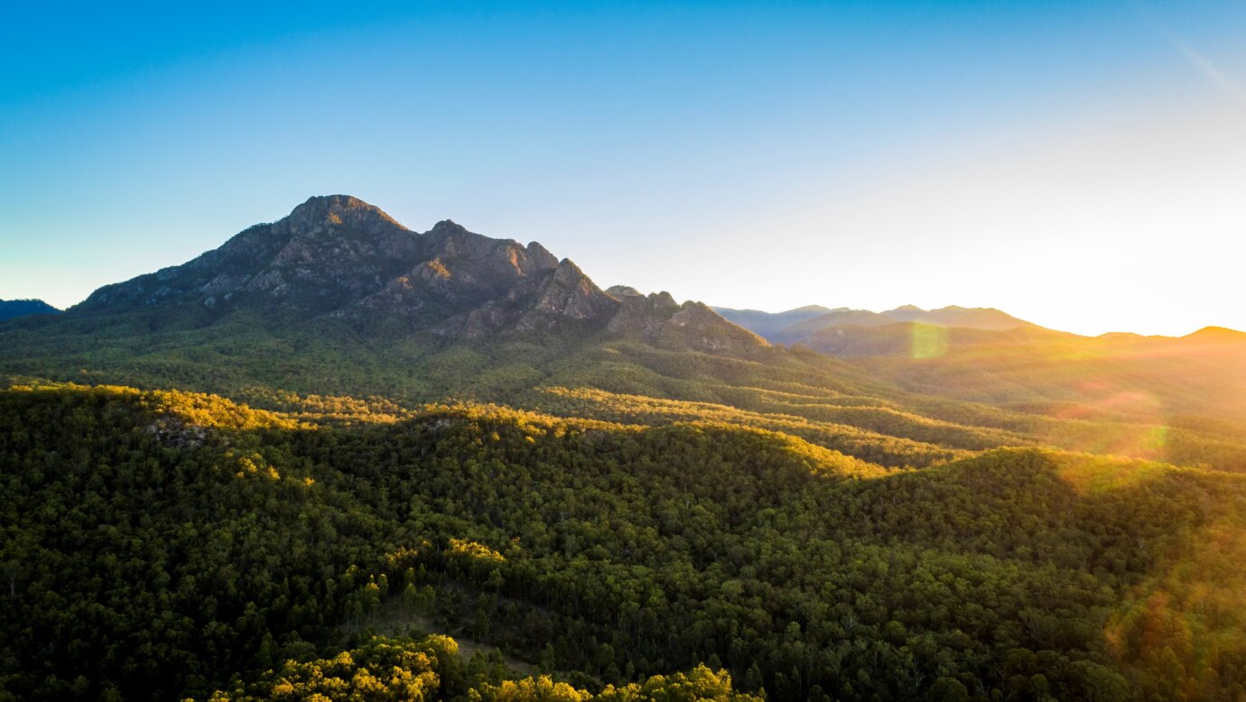 Mount Barney mountain bathed in late afternoon sunlight