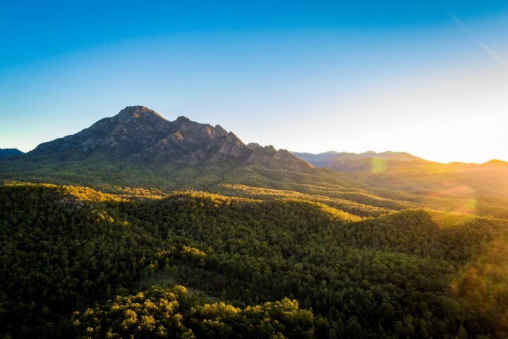 Mount Barney mountain bathed in late afternoon sunlight