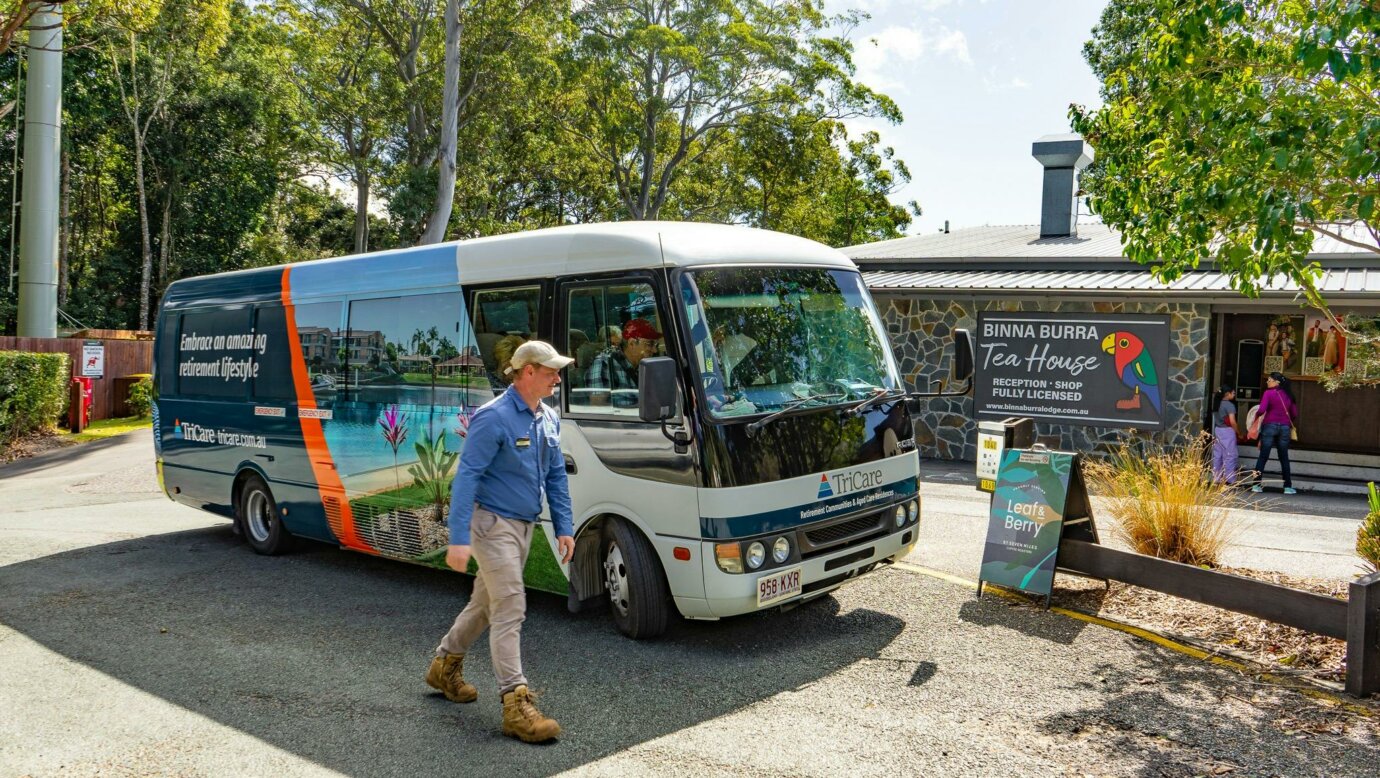 An image of a bus group arriving at Binna Burra for planned activities