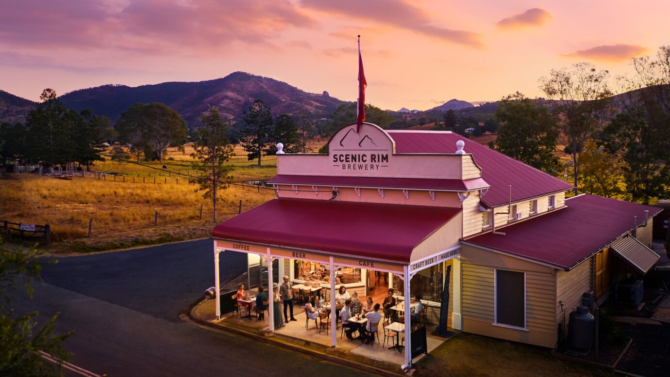 Exterior of the Scenic Rim Brewery's heritage building at sunset