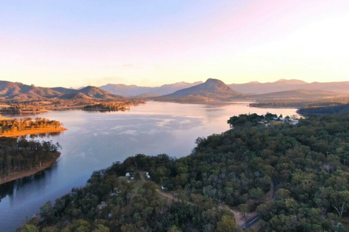 aerial view at sunset over lake moogerah
