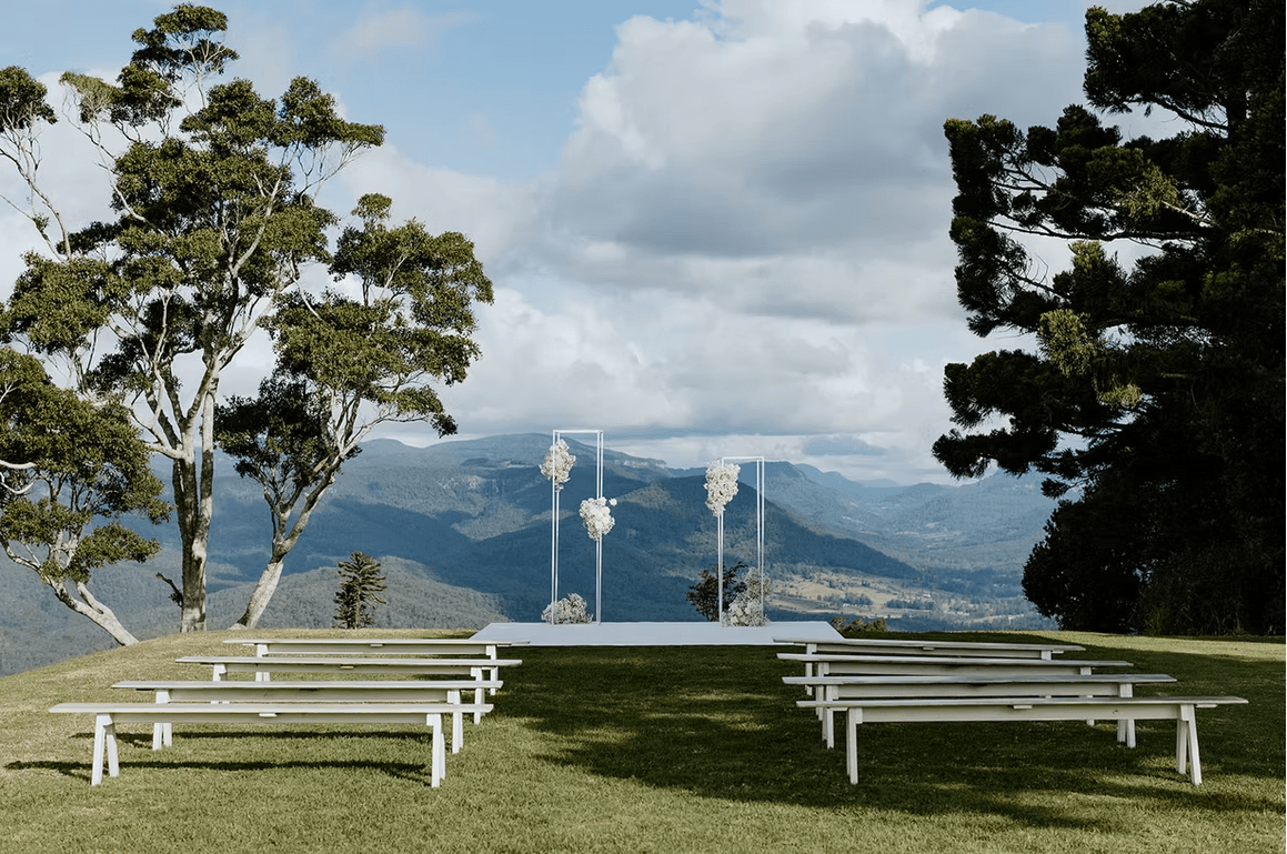 View from ceremony at Rosewood Estate, featuring green rolling hills of the Scenic Rim.