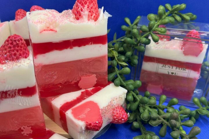 Colourful handmade soaps with layered designs from natural ingredients