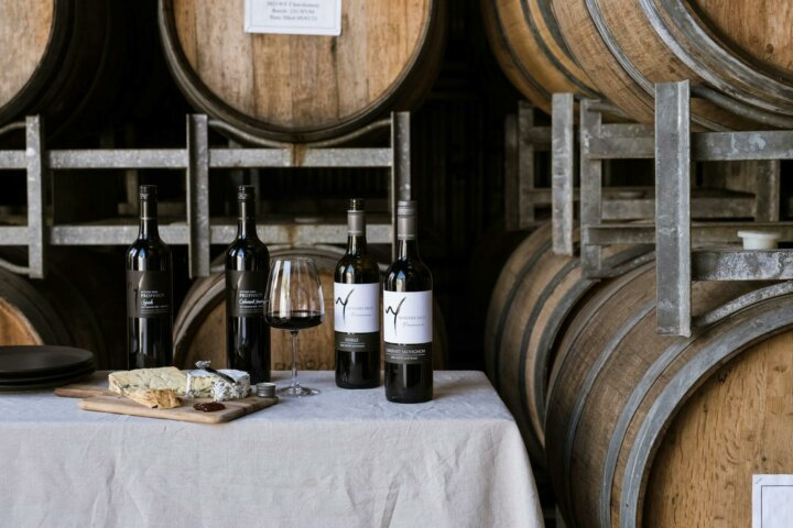 Wine bottles and barrels