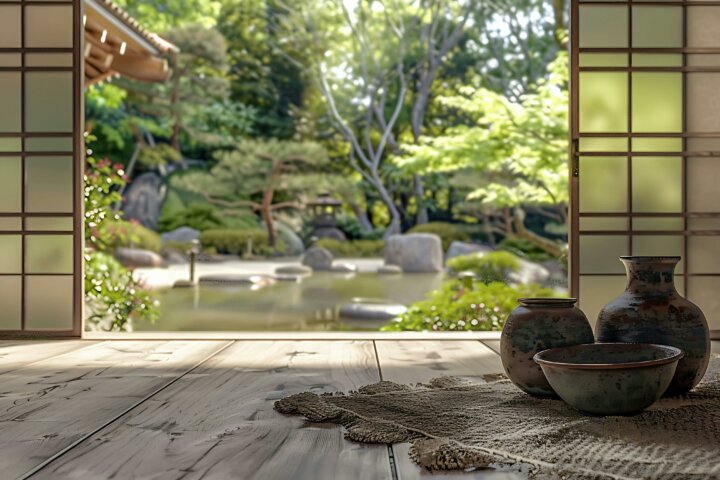 Ancient pottery vessels in front of Japanese sliding doors overlookng Japanese garden