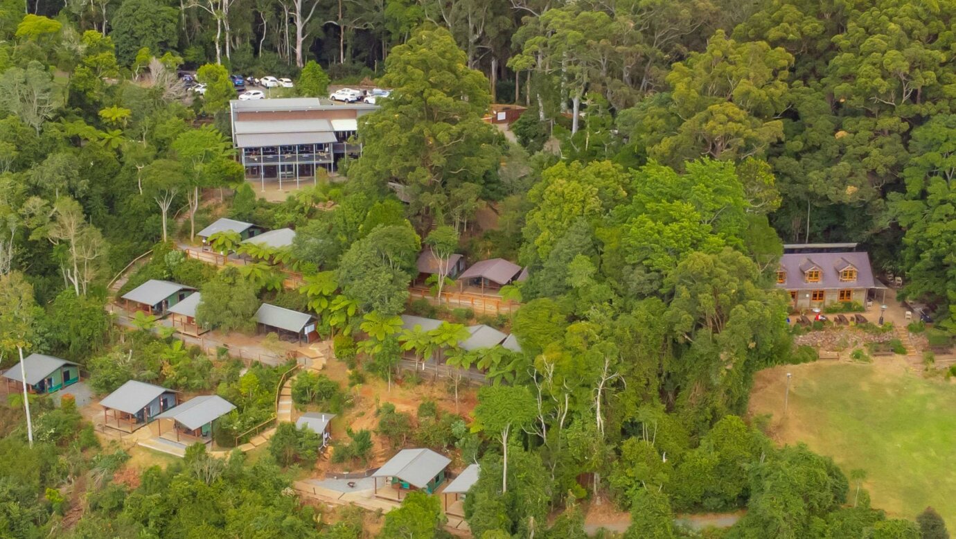 Image shows a birds-eye view of the Safari Tents