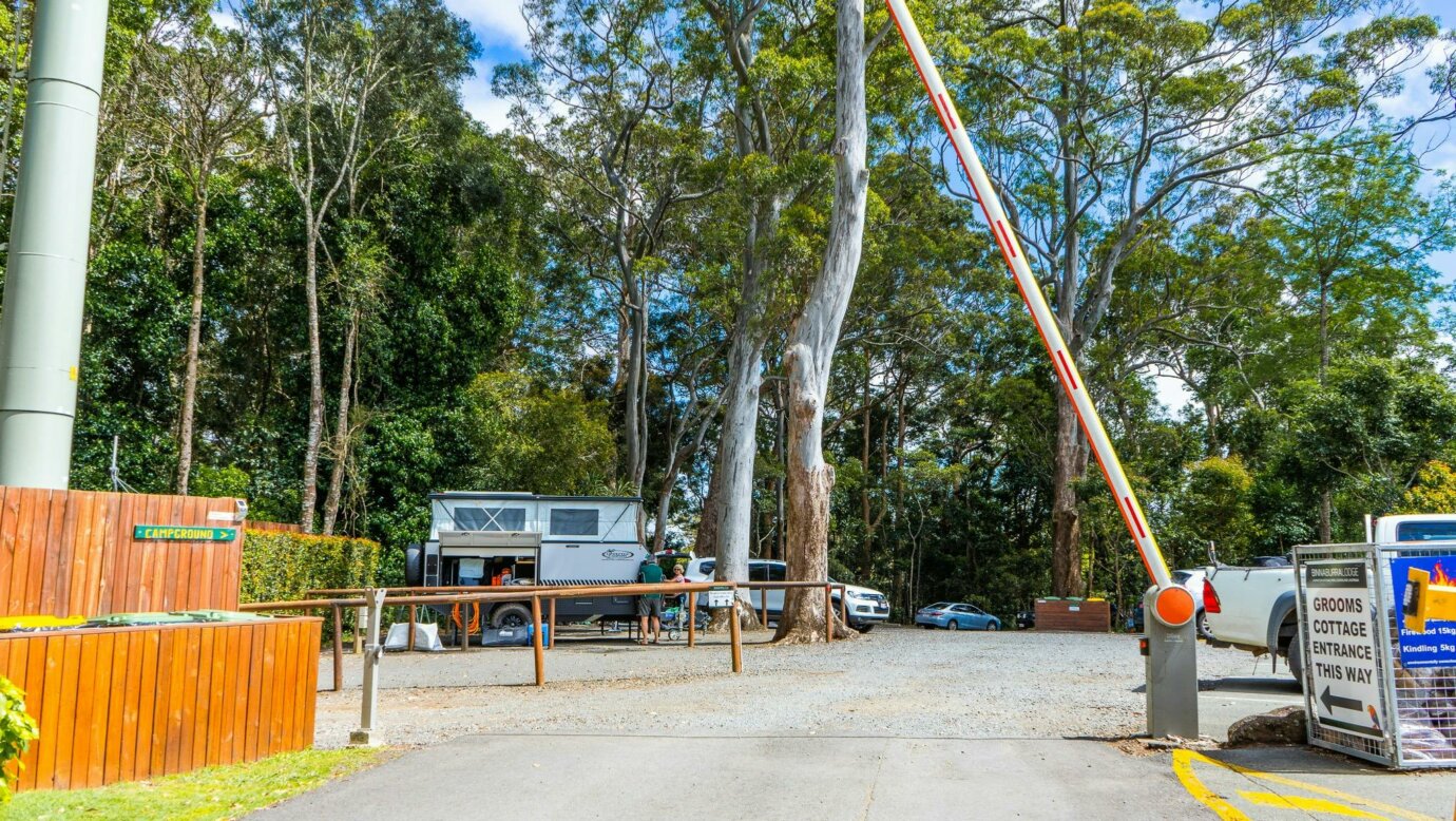 Image shows the boom gate entry at the campsite