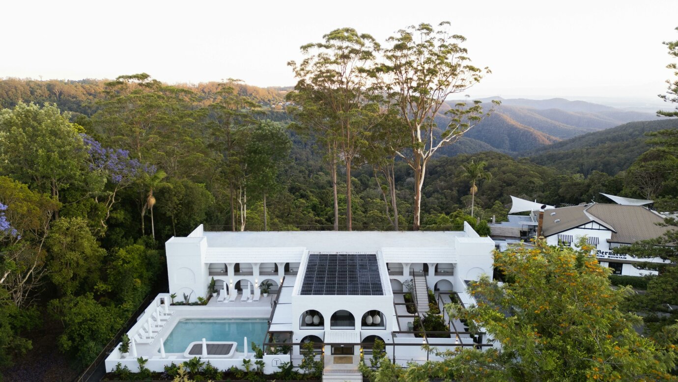 Birds eye view of the entire property set amongst the natural Mt Tamborine landscape.