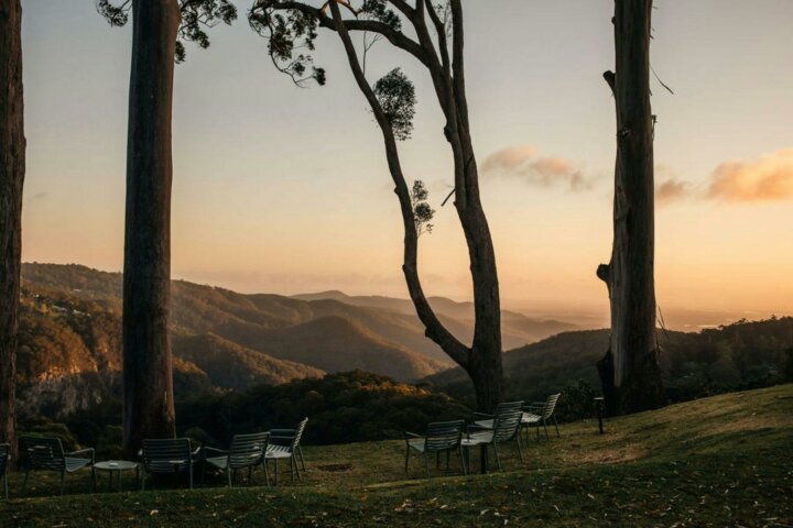 Sunset view from the escarpment with lawn games and eco fire pits