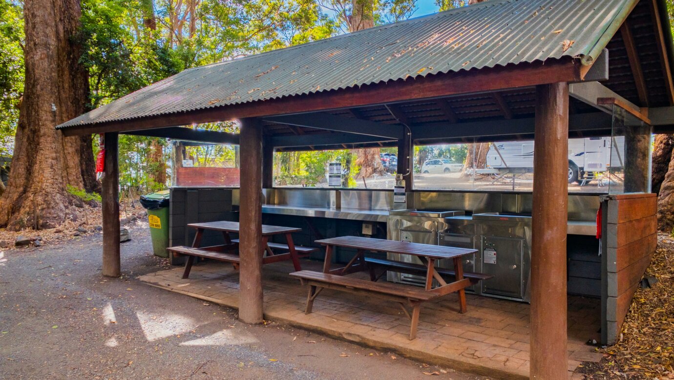 Image shows the barbecue and cooking facilities at the campsite
