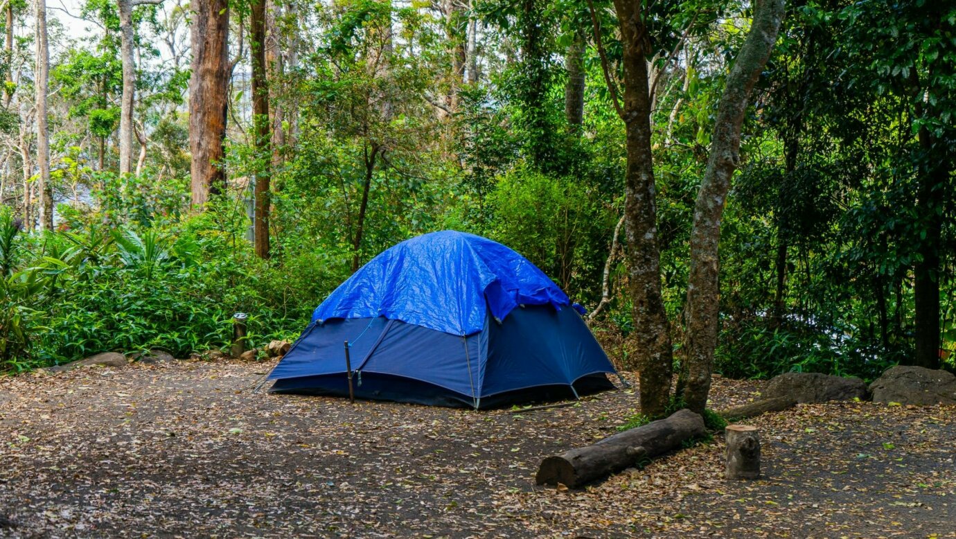 Image shows a small tent set up on a tent site
