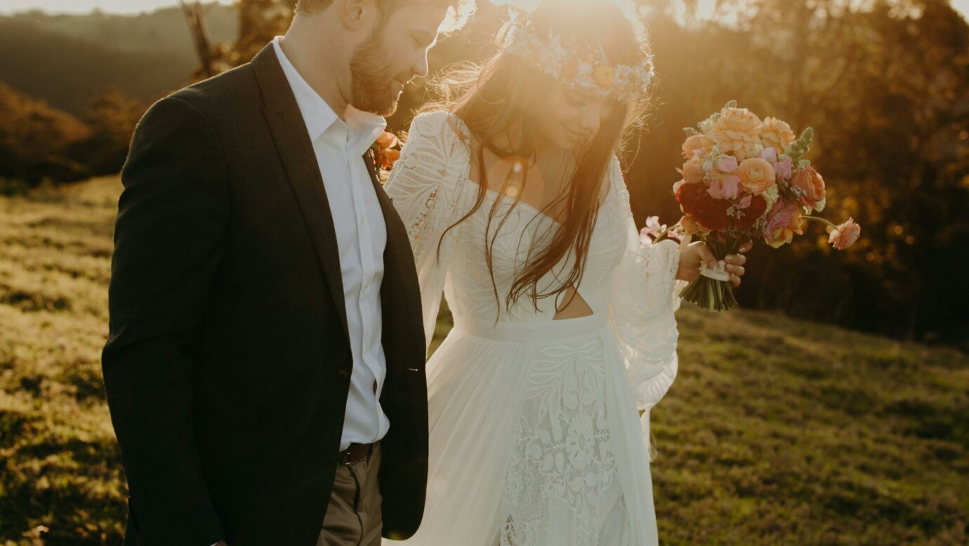 Bride and groom on sunset