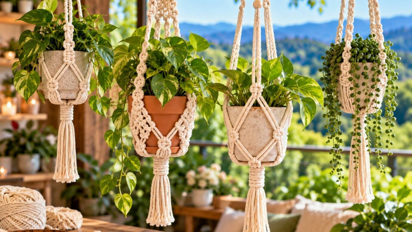 Finished handmade macrame potholders with plants from a macrame workshop on Tamborine Mountain