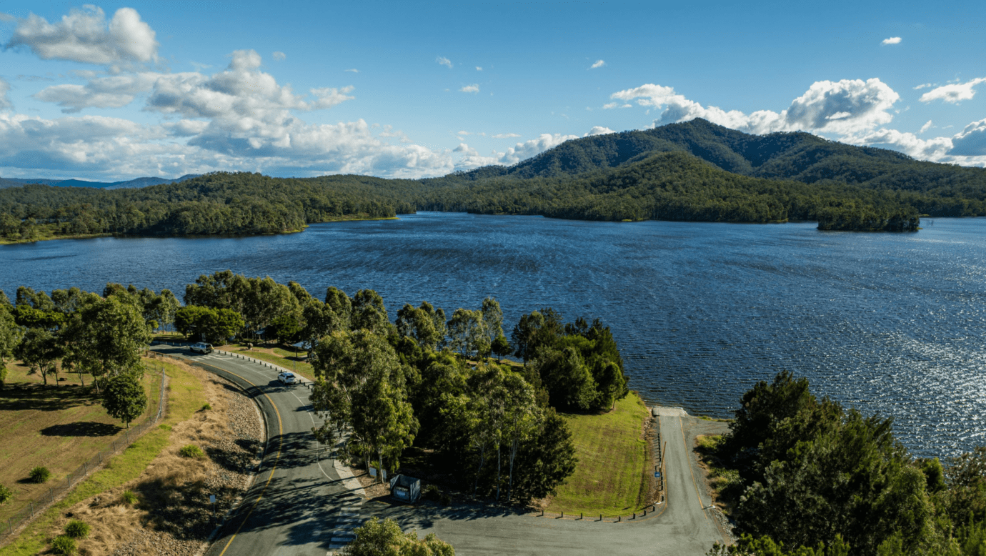 A photo of Wyaralong Dam from above