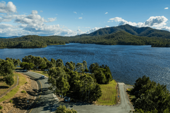 A photo of Wyaralong Dam from above