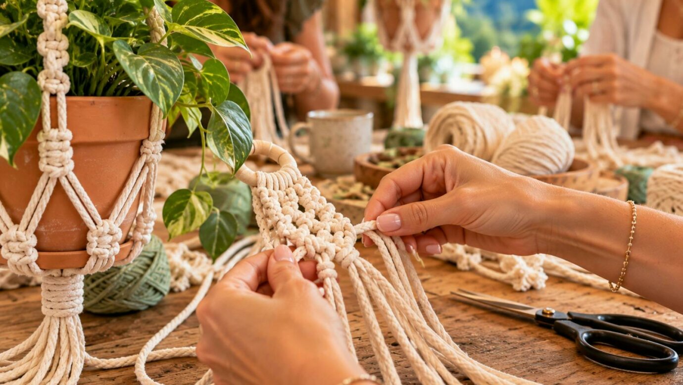 Hands learning to knot a macrame potholder during a private macrame workshop on Tamborine Mountain