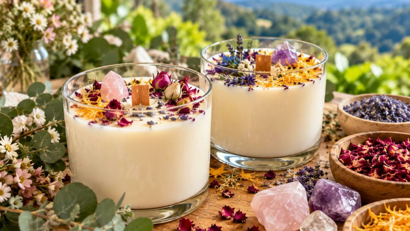 Friends enjoying a crystal and botanical candle making experience on Tamborine Mountain