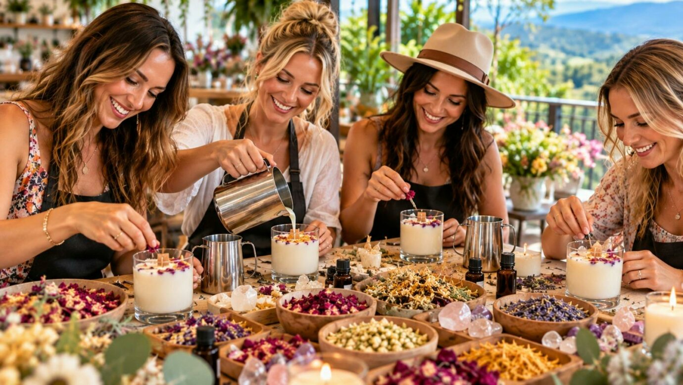 Friends decorating handmade soy candles with crystals and botanicals at Sip and Create Tamborine Mou