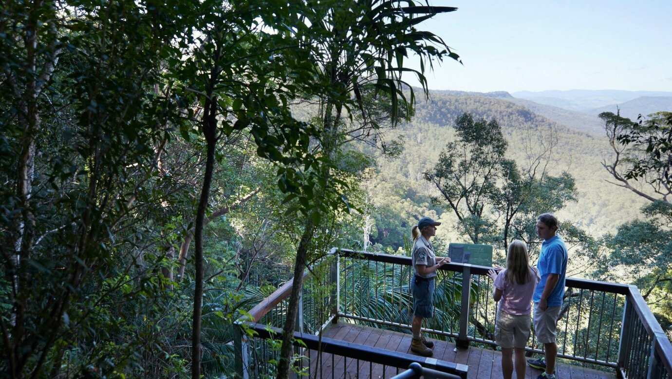 Visitors speak with a ranger on a lookout platform overlooking forested mountains in Tamborine