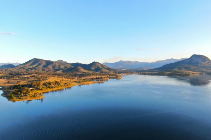 Aerial view over Lake Moogerah towards the Main Ranges Mountains in the background