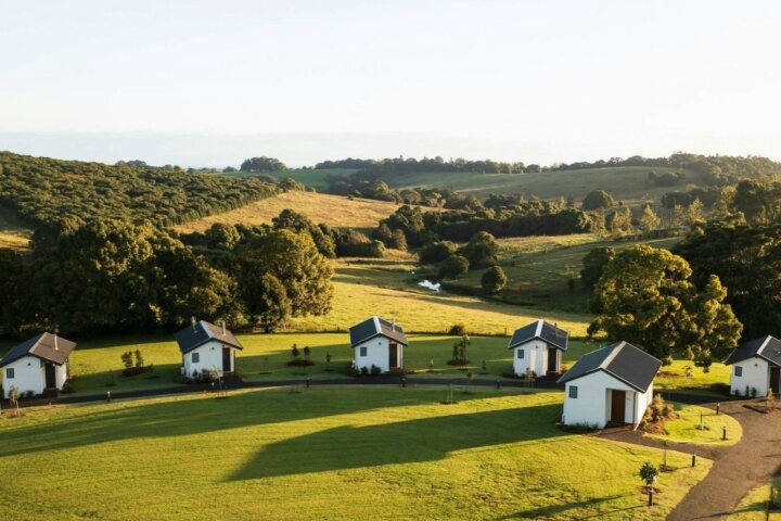 Small cabins in rolling hinterland hills